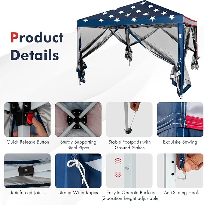 Tangkula 10x10 Ft Pop Up Canopy with Netting, Easy Up Canopy with Mesh Sidewalls, Carrying Bag, Adjustable Height, American Flag Outdoor Canopy with 100 Square Feet of Shade for Backyard, Lawn