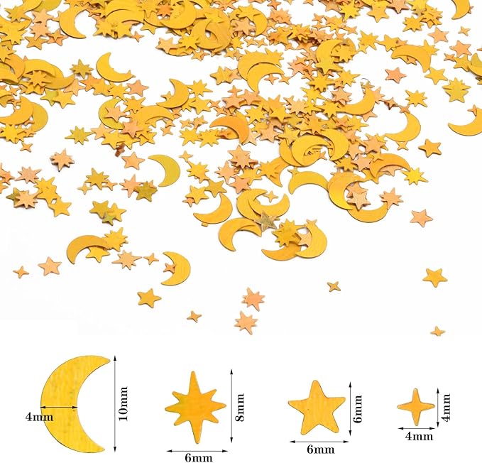4000Pcs Star and Moon Confetti, 30g Table Confetti, 4-10mm Iridescent Metallic Glitter Foil Confetti, Twinkle Little Stars Moon Sequin for Birthday Party Wedding Festival DIY Crafts (Gold)