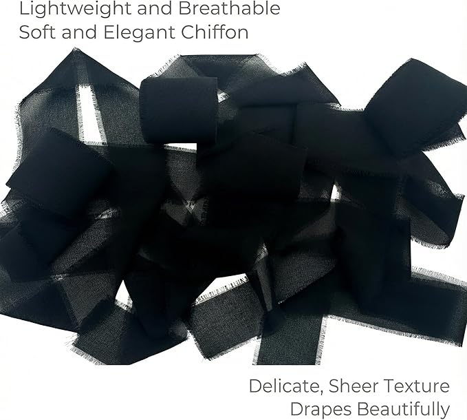 Handmade Chiffon Ribbon 1.5 Inch Wide, 3 Rolls 21 Yards, Classic Frayed Edge Ribbon for Wedding Accents, Invitations, Bouquets & DIY Crafts (Black)