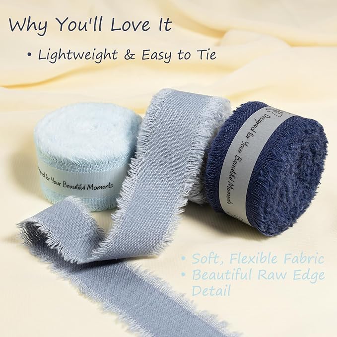 Dark Blue Cotton Ribbon 1 Inch Navy Blue, Dusty Blue & Baby Blue 3 Rolls 21 Yards Frayed Edge Fabric Set for Formal Wedding Decor, Graduation Party, Father's Day, Gift Wrapping & DIY Crafts