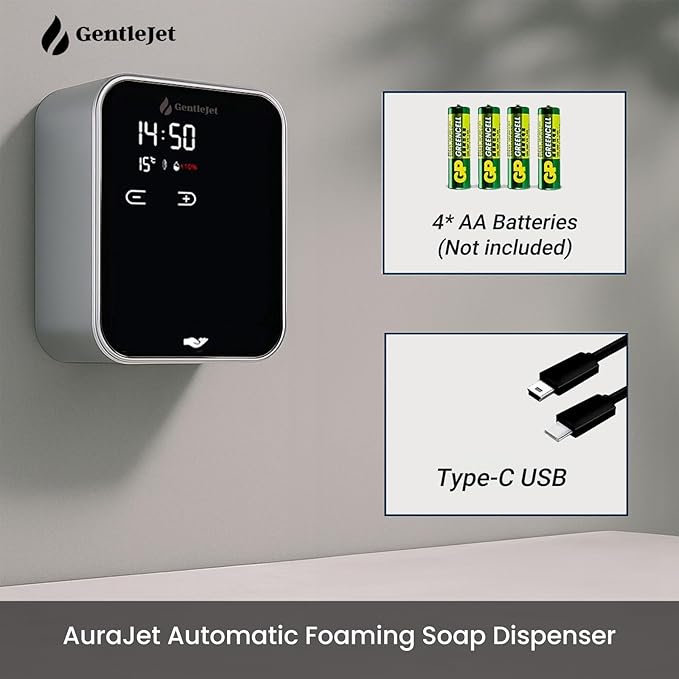 GentleJet AuraJet Automatic Foaming Soap Dispenser Wall Mount – Touchless Sensor, LED Display, 5 Foam Levels, Rechargable USB-C or Battery Powered, Aluminum Alloy, 480 ml Refillable