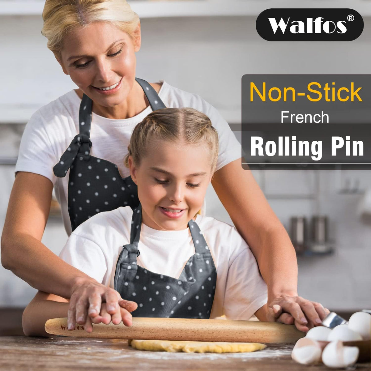 WALFOS French Rolling Pin for Baking, Tapered Design Natural Beech Wood Rolling Pins, Essential Kitchen Dough Roller for Fondant, Pizza, Pie, Cookie and Pastry