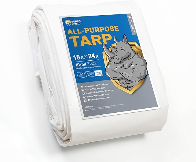 GUARD SHIELD Heavy Duty Tarp 18x24 Feet White Multi Purpose Thick Waterproof Poly Tarp Cover 10mil