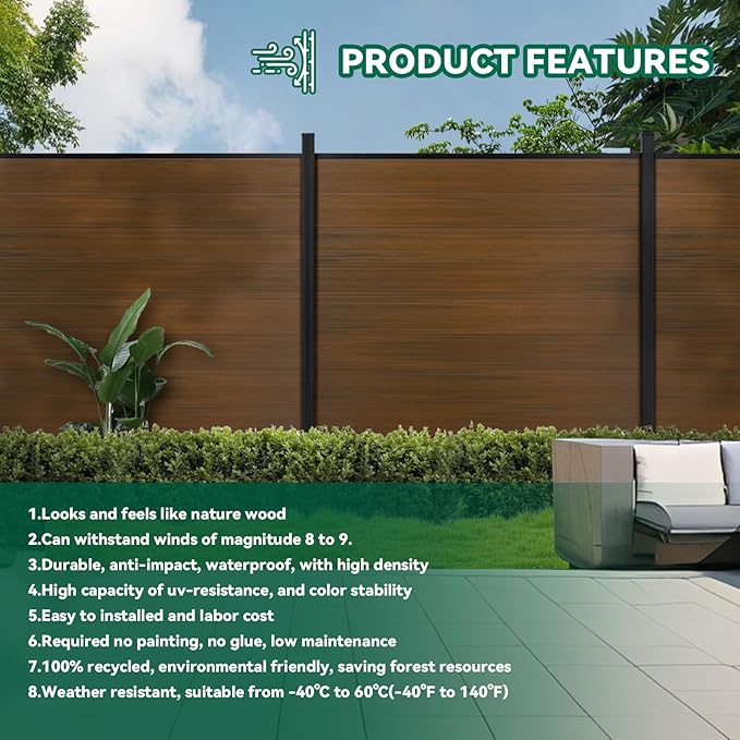 Mondaria Fence Privacy Screen with 8ft In-ground Posts, 6ft(H) x42ft(W) Wood Plastic Composite Fence Panels Weather-Resistant Outdoor Fence for Backyard/Garden (Brown, 8 Posts)