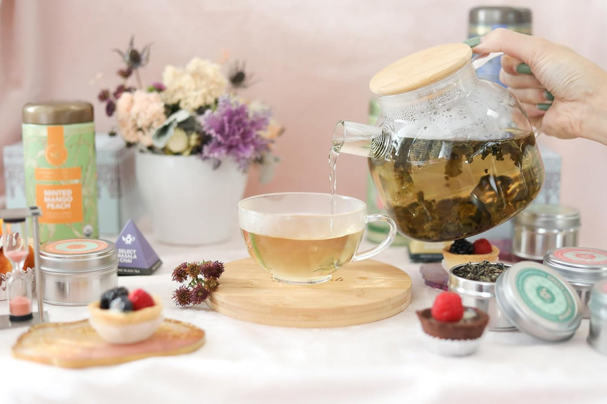 Teabloom Stovetop Safe Glass Teapot with Bamboo Lid (40oz/1200ml) + Loose Leaf Tea Filter Spout + 2 Blooming Teas + Large Bamboo Trivet