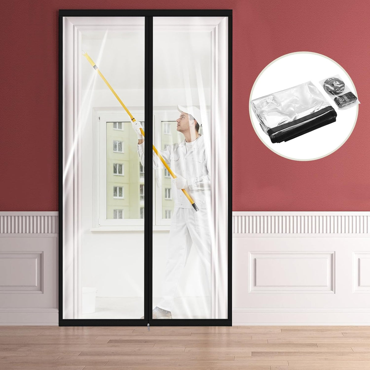 Amylove Zipper 34 x 80 Inch Dust Barrier Door Kit Construction Door Barrier 2.8 x 6.7 ft Reusable Plastic Curtain Cover Containment Standard Doorway Temporary Wall Screen Sheeting for Bathroom Hallway