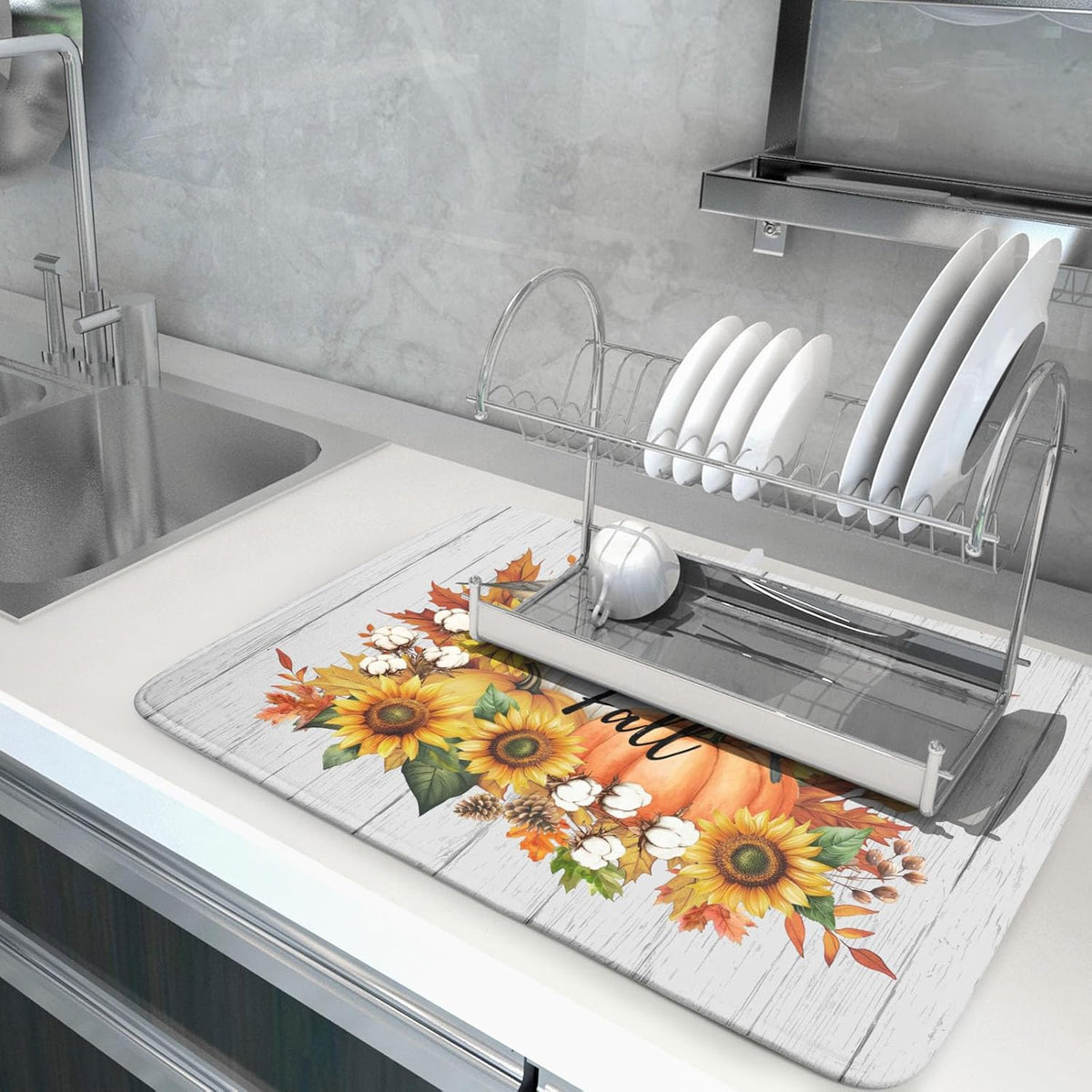 Hello Fall Sunflowers Dish Drying Mat for Kitchen Counter,Autumn Pumpkin Maple Leaves Drying Mat 18 x 24 Inch with High Absorbent Microfiber Dish
