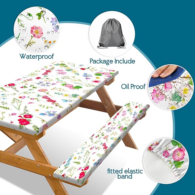 Picnic Table Cover with Bench Covers Elastic Edges, Colourful Wild Flower Rectangle Table Cover Patio Camping Essentials, Elastic Edge Windproof Fabric Outdoor Camping Garden Picnic Table Cloth