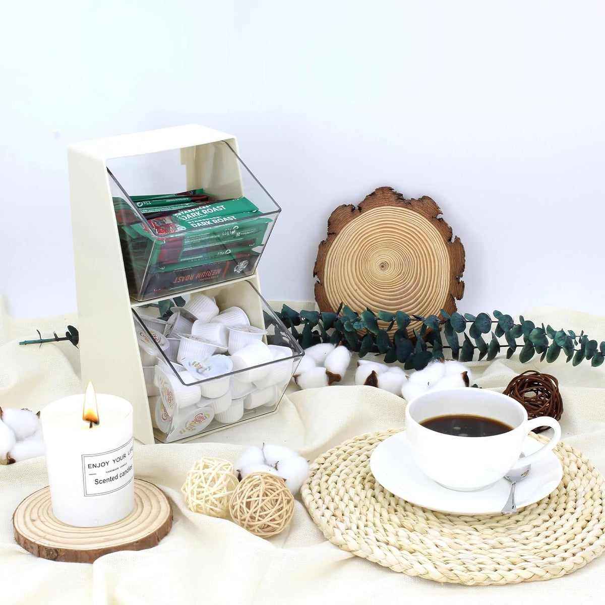 Bokelai Coffee Pod Holder with 2 Large Capacity Basket K Cup Storage Container Coffee Bar Accessories for Creamer Suger Plastic Desk Box Tea Bag