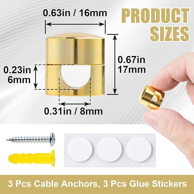 3 Sets Charger Cord Holders, Adjustable Metal Cable Cord Management Clips, Adhesive Nightstand Phone Wire Organizers for Office, Desk, Home - Gold