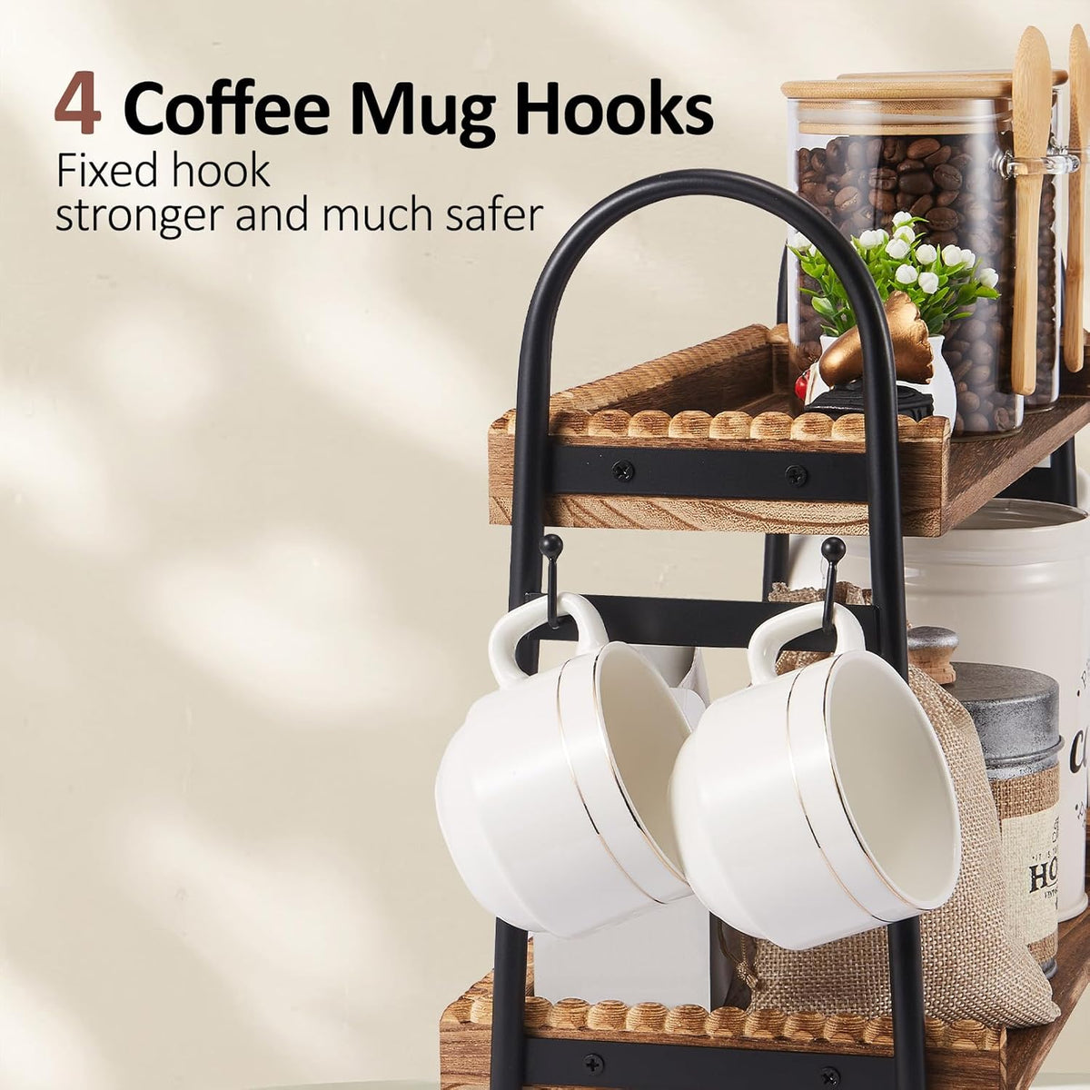 Coffee Bar Accessories, 2-Tier Coffee Bar Organizer with 4 Coffee Cup Holder Hooks