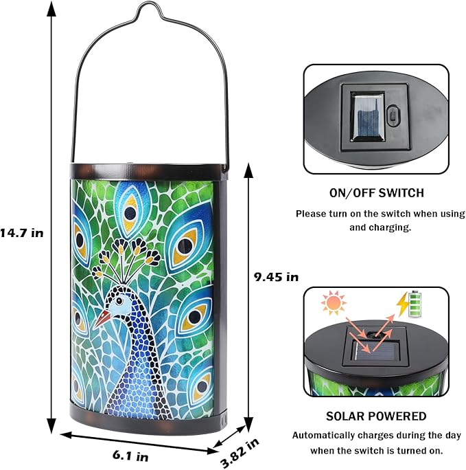 Afirst Hanging Solar Lantern Outdoor Glass Peacock Lights Waterproof LED Lamp for Garden Yard Tree Desk Decor