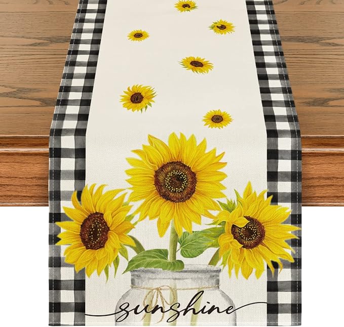 Artoid Mode Buffalo Plaid Sunflower Sunshine Vase Summer Table Runner, Spring Kitchen Dining Table Decoration for Home Party Decor 13x48 Inch