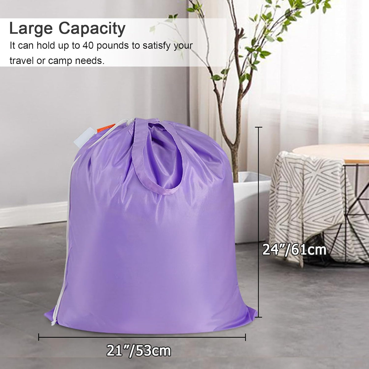 Polecasa Small Heavy Duty Laundry Bag with 130gsm Tear Resistant Fabric and Handles, Easy to Carry Durable Dirty Clothes Drawstring Bag, Perfect for College Dorm, Travel, 2 Pack 21”x24”,Purple