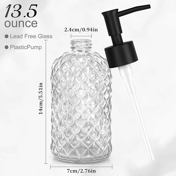 13.5Oz Gem Design Soap Dispenser with Plastic Pump, Refillable Glass Soap Dispenser for Hand Soap, Dish Soap, Lotion (Crystal Clear)