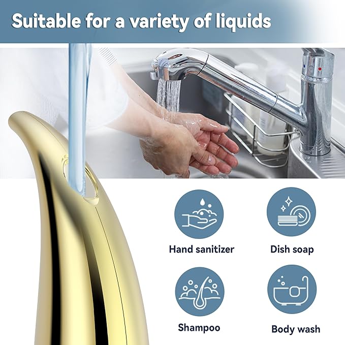 Automatic Soap Dispenser with Infrared Sensor - Adjustable 4-Level Touchless Hand Soap for Kitchen, Bathroom - Rechargeable Dispenser, Durable Plastic, Smart Soap Holder（Rechargeable Gold）
