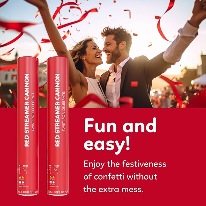2 Pack Streamer Cannon Confetti Poppers | Biodegradable Red Confetti | TUR Party Supplies | Launches Up to 25ft | Giant (12 in) | Party Poppers for Graduation, Birthdays, Weddings, Valentine's