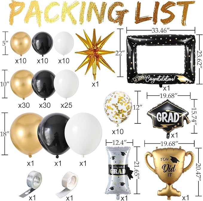 135Pcs Black Gold White Graduation Balloon Garland Arch Kit,with Explosion Star,Diploma,Trophy,Grad Hat,Photo Frame Foil Balloons for Congrats Class of 2026 Graduates Celebrations Party Decoration