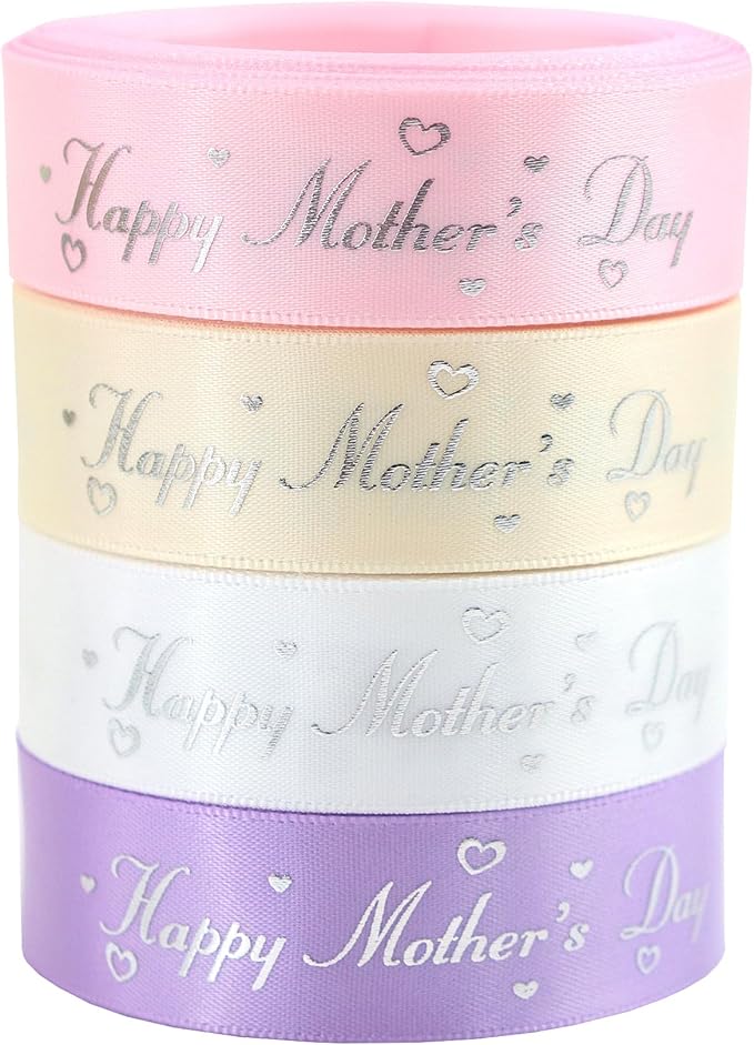 Mother’s Day Ribbon Set – 4 Rolls Satin Gift Ribbons with Gold Foil Letters – 5 Yards Each, 19mm – Happy Mother's Day – Gift Wrap, Crafting, DIY Decoration (4)