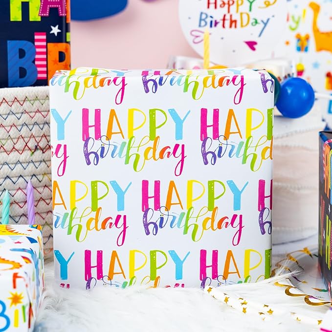 MAYPLUSS Dinosaur Birthday Wrapping Paper, Kid Gift Wrapping Paper, Happy Birthday Dinosaur Pattern Gift Wrap for Boys, Girls, Baby Shower(Mini Roll, 17 Inch x 120 Inch Per Roll)