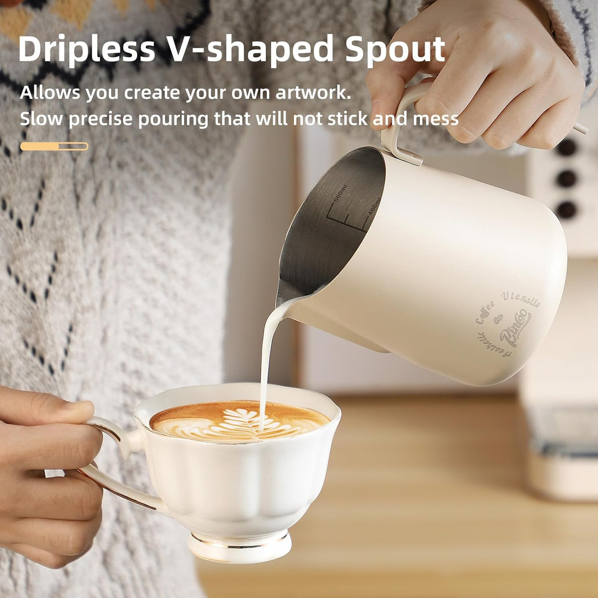 Milk Frothing Pitcher 500ML - Espresso Steaming Pitcher with Large Handle and V-Spout,Stainless Steel Milk Frothing Cup for Cappuccino, Latte Art