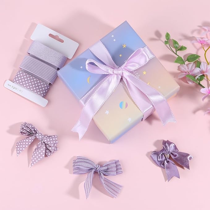 BEEFLYING 3 Styles Lavender Wire Edged Ribbons for Gift Wrapping, 25~28mm×2.7m Fabric Herringbone Ribbons for Wedding Party Decoration Hair Bows Flower Designs Sewing and Craft, 9 Yards