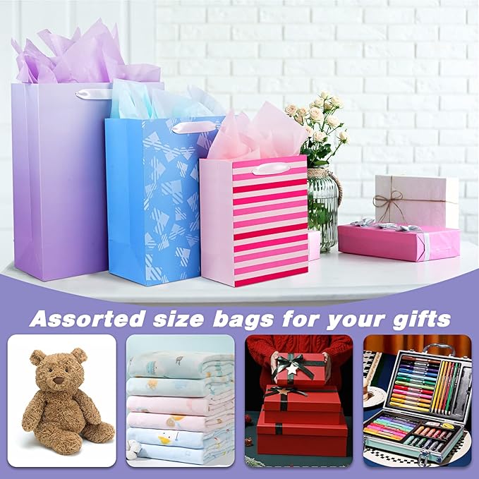 12 Pack Gift Bags Assorted Sizes and Designs, Gift Bags Bulk with Tissue Paper (5 Medium 8", 4 Large 11", 3 Extra Large 14") for Birthday, Baby Showers, Bridal Showers, Easter Day Any Occasion