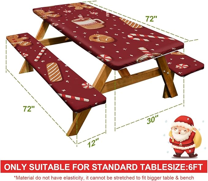 Picnic Table Cover with Bench Covers Set of 3, Elastic Fitted Tablecloth for 6 Foot Tables, Washable Polyester Tablecloths for Camping, Indoor & Outdoor