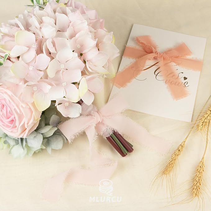 Peach Pink Chiffon Ribbon 1 Inch x 21Yds Handmade Fringe Chiffon Silk Ribbon Peach/Pink/Ivory Frayed Chiffon Ribbon for Gift Wrapping Wedding Invitation Flower Bouquets Bridal Shower