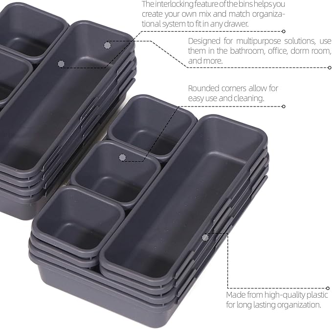 Set of 12 Interlocking Desk Drawer Organizer Tray Dividers Plastic Shallow Narrow Drawers Organizers Separators and Storage Bins Container for Kitchen Bathroom Makeup Office Vanity Bedroom Dresser