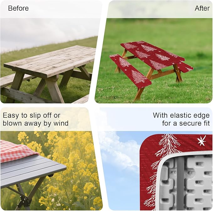 ANNA QUEEN 6FT Red Christmas Tree Picnic Table Cover Set 3PCS 72"x30", Waterproof Outdoor Bench and Tablecloth Furniture Protection for Camping Beach BBQ Patio Backyard