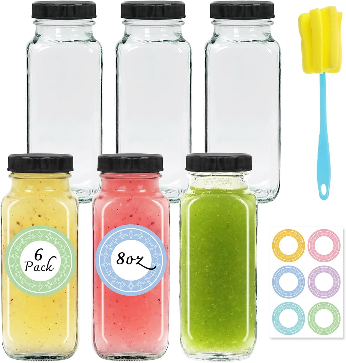 3 pack 8 oz Glass Juice Bottles with Lids, 250 ml Reusable Glass Water Bottles, Empty Drink Containers Drinking Jars with Brush, for Milk, Juicing