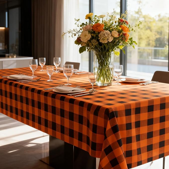 Remagr 3 Pcs Black and Orange Checkered Table Cloth 54 x 108 Inch Disposable Buffalo Plaid Plastic Table Cloth Waterproof Rectangle Gingham Tablecover for Picnic, Dining, Birthday Party Decor