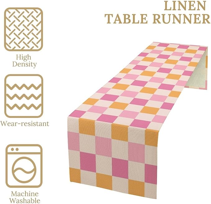 Pink Checkered Table Runner, Vintage 70s Abstract Cute Modern Hippie Table Runner for Party Kitchen Dining Home Outdoor 13x108in