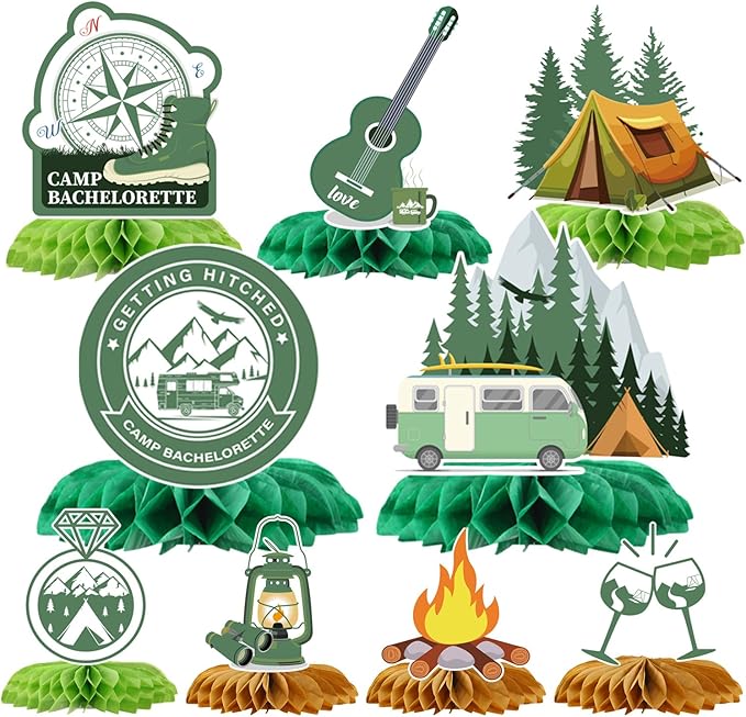 Camp Bachelorette Party Decorations, 9PCS Camping Party Honeycomb Centerpieces, Bridal Shower Supplies Bachelorette Party Decor Outdoor