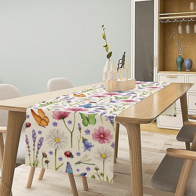Flower Floral Table Runner, Butterfly Wildflowers Daisy Spring Summer Rustic Table Runner for Farmhouse Holiday Kitchen Dining Outdoor Home Party 13x70in