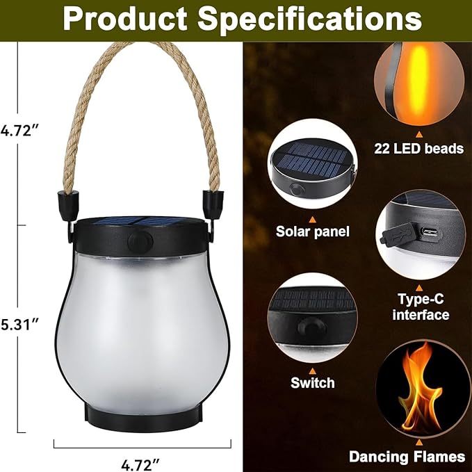 Solar Lanterns Outdoor Waterproof 2 Pack Hanging Solar Lantern with Flickering Flame, Solar Flame Lantern with USB Charging, Decorative Lanterns Lights for Yard Porch Camping Patio