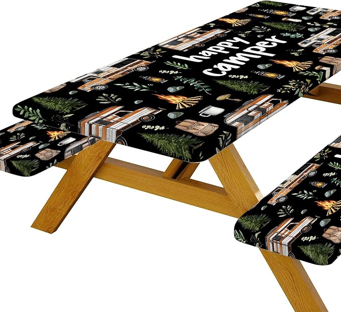 JAWO Picnic Table Cover with Bench Covers, Happy Camper Tablecloth,RV Plants Bonfire Black Rectangle Tablecloth for Indoor Outdoor Patio, 96x30 Inch