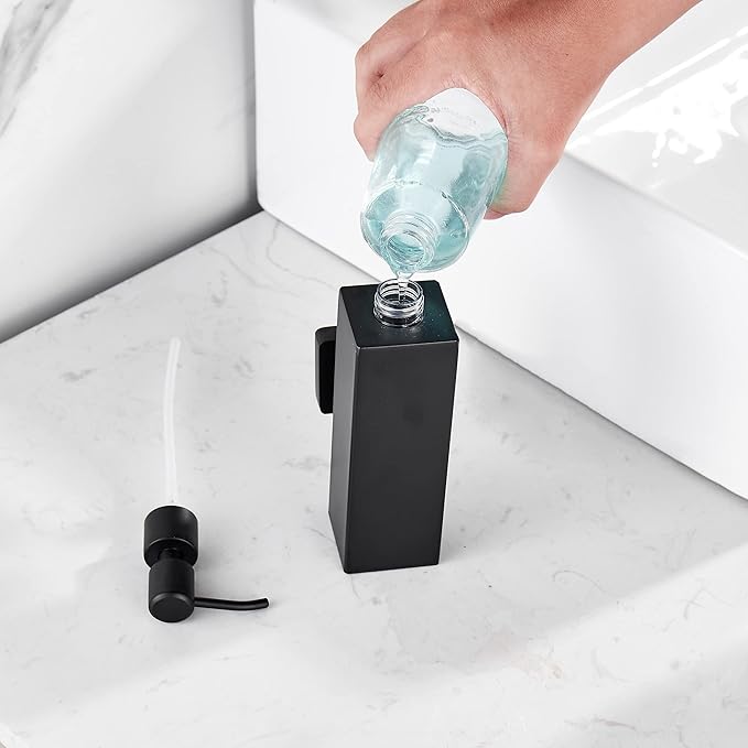 BATHSIR Matte Black Soap Dispenser, Refillable Shower Soap Dispenser Wall Mounted, Stainless Steel Clear Hand Soap Dispenser with Pump for Bathroom Kitchen Sink Dish (Square 200ML)