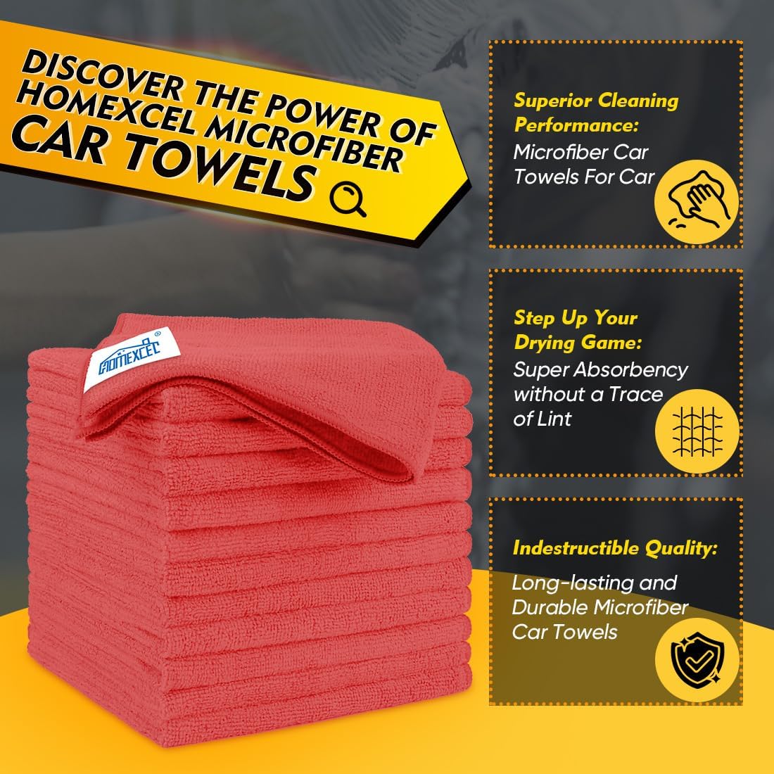 Homexcel Red Microfiber Cleaning Cloth 50 Pack, 12.5 x 12.5 inch Microfiber Towels for Cars, Ultra Absorbent Car Washing Cloth