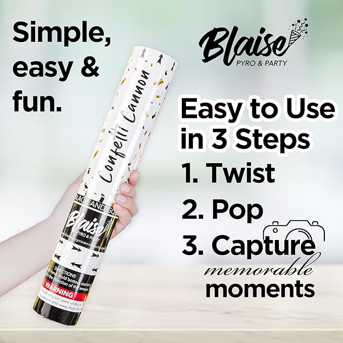 Blaise Pyro & Party Black & Gold Confetti Poppers - Easy to Use Confetti Cannons for Weddings, Birthdays, Anniversaries & More - 2 Pack, 12 Inch