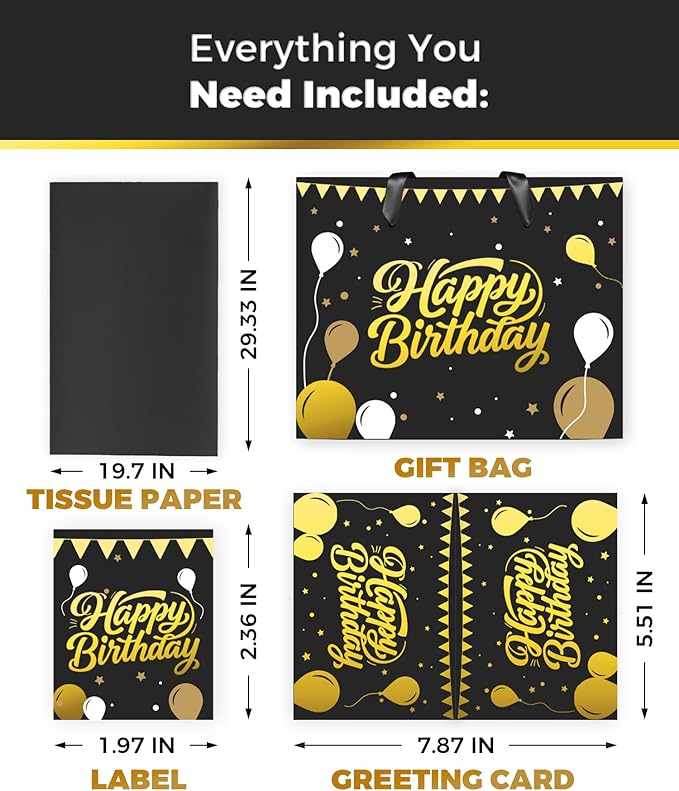 Black Birthday Gift Bag for Men – 12.5 Inch Medium Size with Tissue Paper and Greeting Card – Perfect for Boyfriend, Husband or Dad (1 Piece, Foil Stamping)