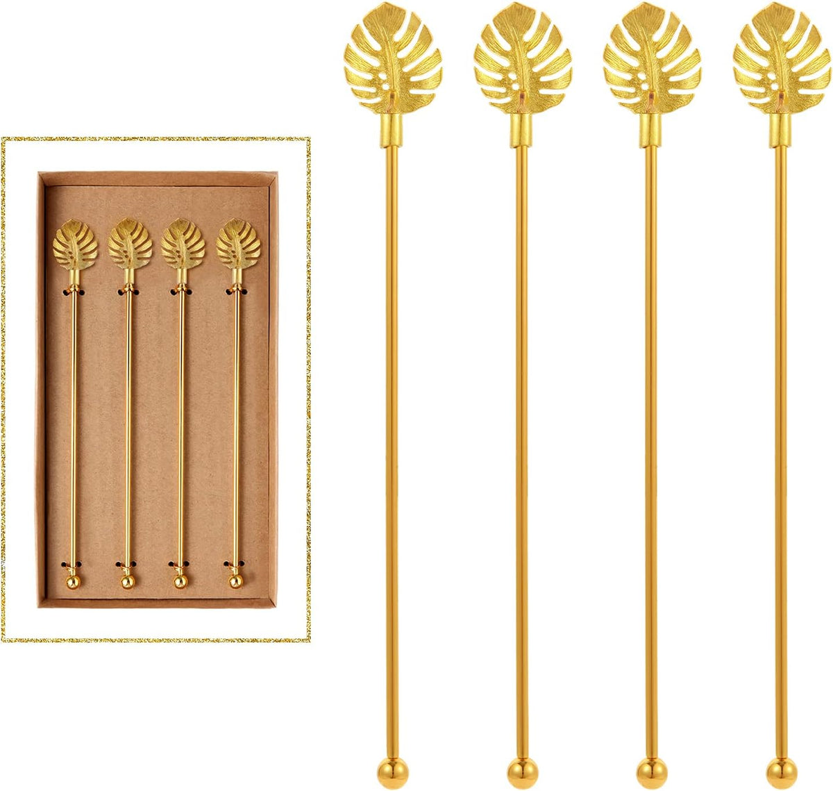 Stainless Steel Coffee Beverage Stirrers Stir Cocktail Drink Swizzle Stick with Palm leaf Metal Top,4PCS Gold stirrer