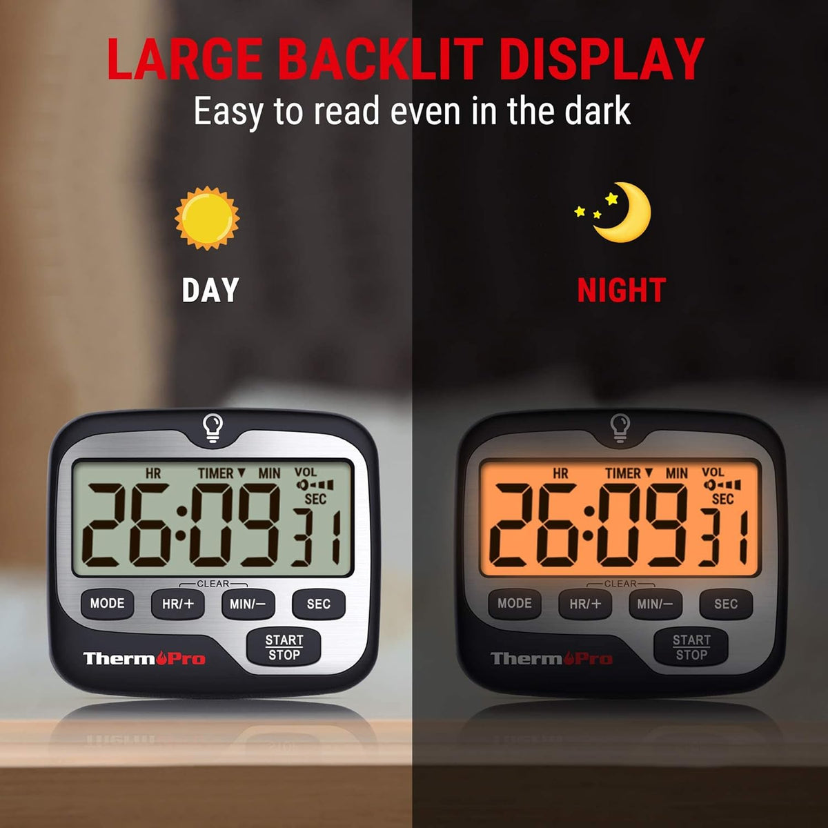 ThermoPro TM01(2 Pack) Kitchen Timers for Cooking with Count Up Countdown Timer, Digital Timer for Kids with Touch Backlit