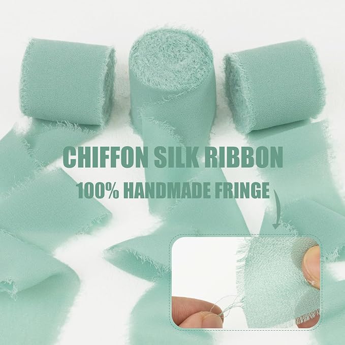 Dusty Green Chiffon Ribbon 1-1/2 Inch x 21Yards Handmade Fringe Silk Boho Frayed for Gift Wrapping, Wedding Invitation, Bridal Flower Bouquets