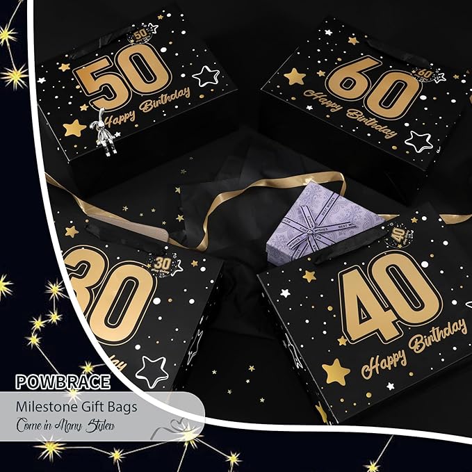Powbrace 13" Black 50th Birthday Gift Bag with Tissue Paper and Greeting Card for Party,Happy Birthday Gift Bag for Men Women,Gift Bags Medium size(1 Black 50th)