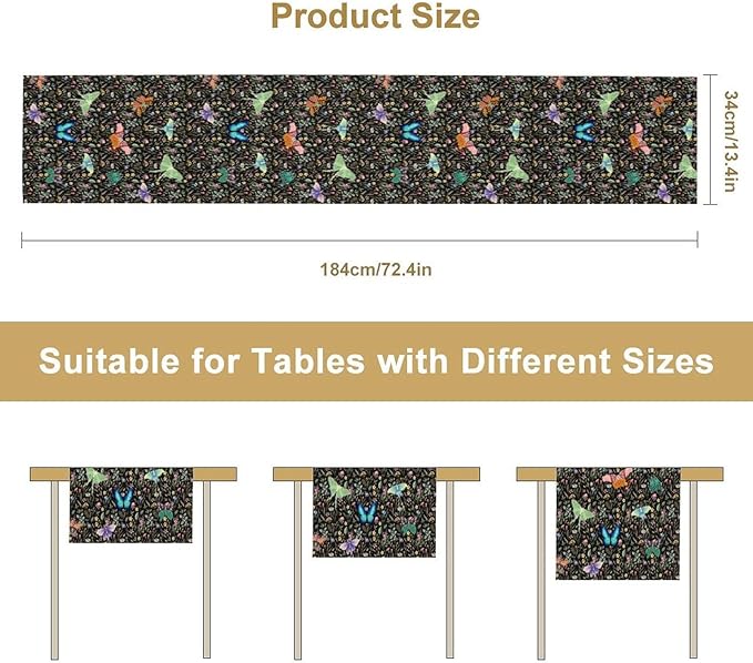 Boho Wildflower Moth Table Runner,Bohemian Floral Colorful Butterfly Print Table Runner for Kitchen Dining Table Holiday Indoor Outdoor Home Party Decor 13x70in