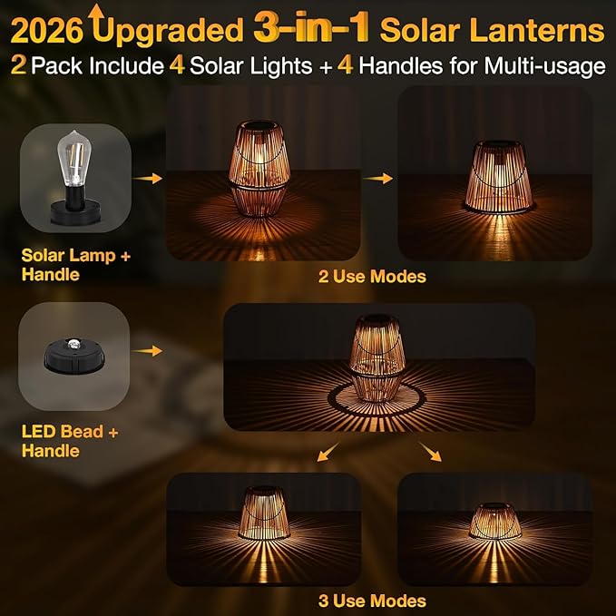 Uspring 2 Pack 3-in-1 Solar Lanterns Outdoor Waterproof Rattan Woven Hanging Solar Lights for Outside with Bright Lamp & LED Bead & 4 Handles, Garden Gifts Decor for Women Mom Patio Yard Porch
