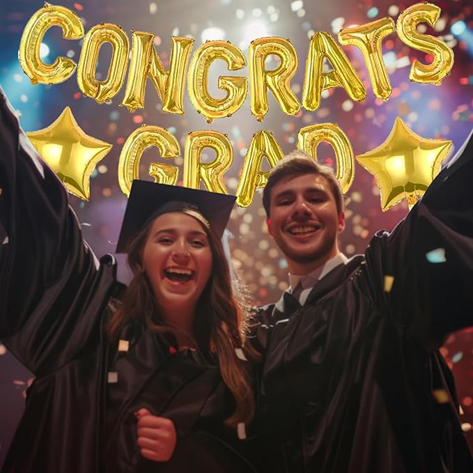 16 Inch Gold Congrats Grad Banner Balloons Congrats Grad Letters Balloons Graduation Decorations 2026 for Graduation Celebration Party Supplies