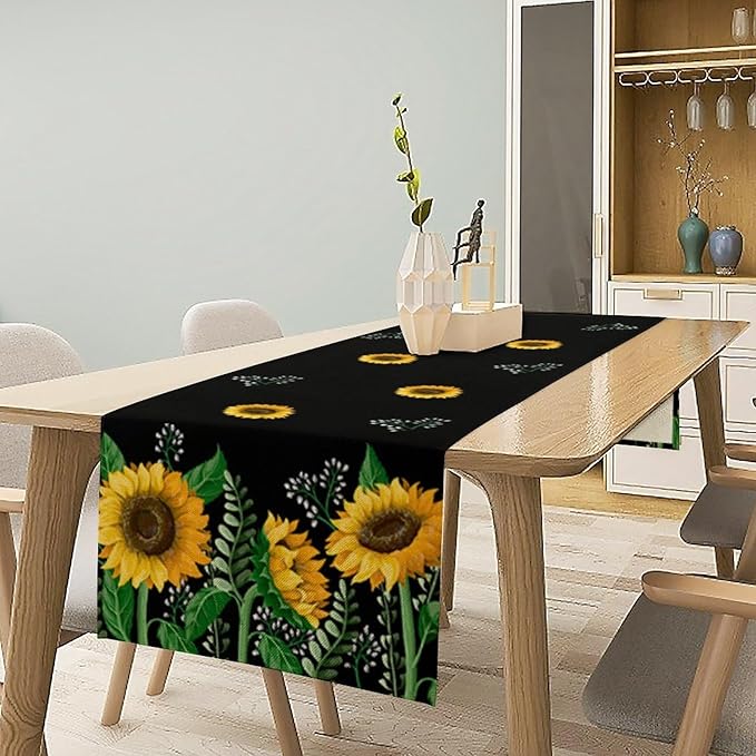 Sunflower Table Runner,Spring Summer Watercolor Floral Plants Leaves Print Table Runner for Kitchen Dining Table Home Holiday Party Indoor Outdoor Decor 13x120in